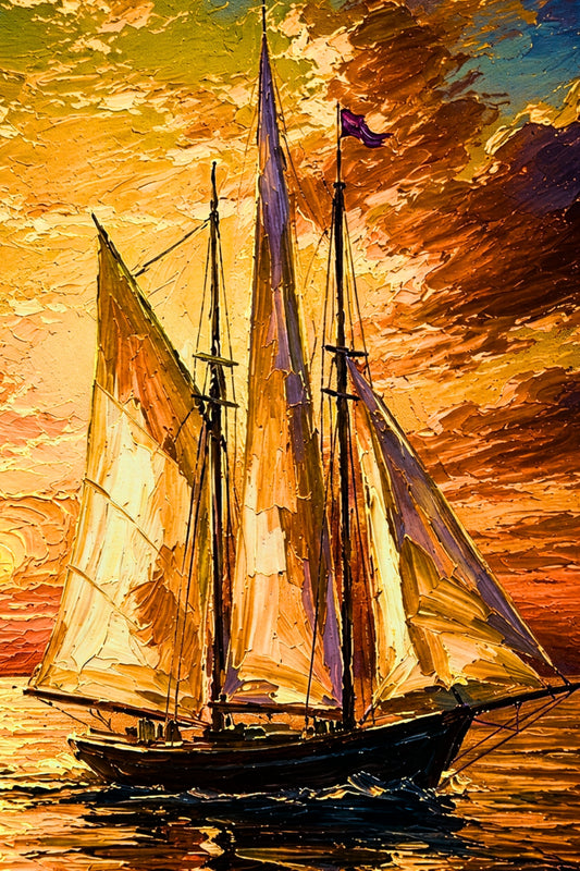 Golden Evening Voyage | Impressionist Sailboat Sunset Wall Art | Coastal Ocean Painting | Giclée Print on Paper, Canvas, Wood & Metal