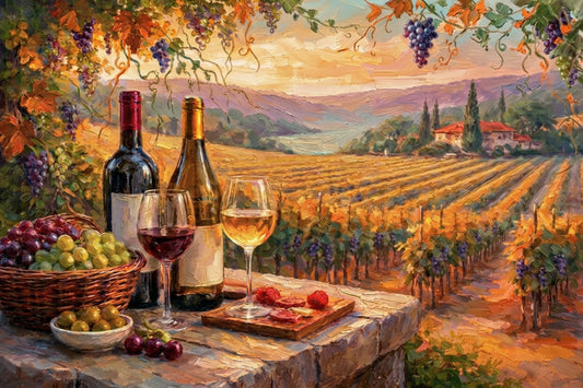 Golden Harvest Vineyard Terrace | Wine Country Sunset Landscape | Impressionist Vineyard Wall Art | Canvas Print | Giclée Paper | Wood & Metal Panels
