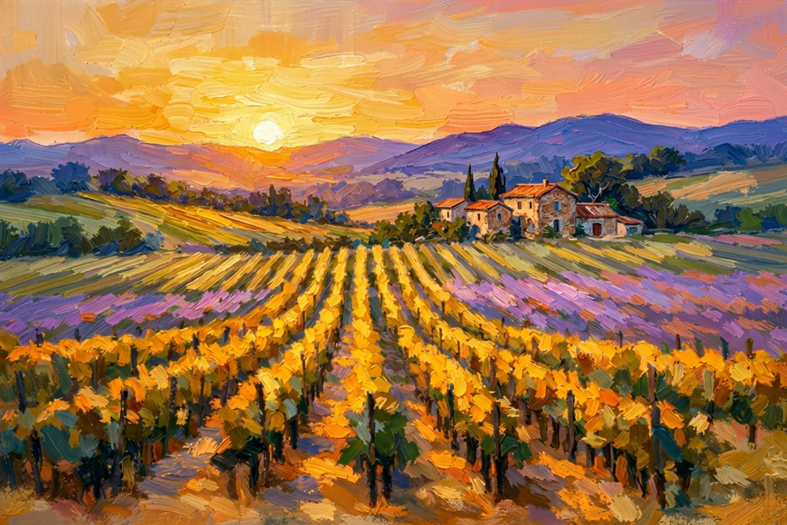 Golden French Vineyard at Sunset | Wine Country Art | Giclée Paper • Canvas • Birch Wood • Metal Panels