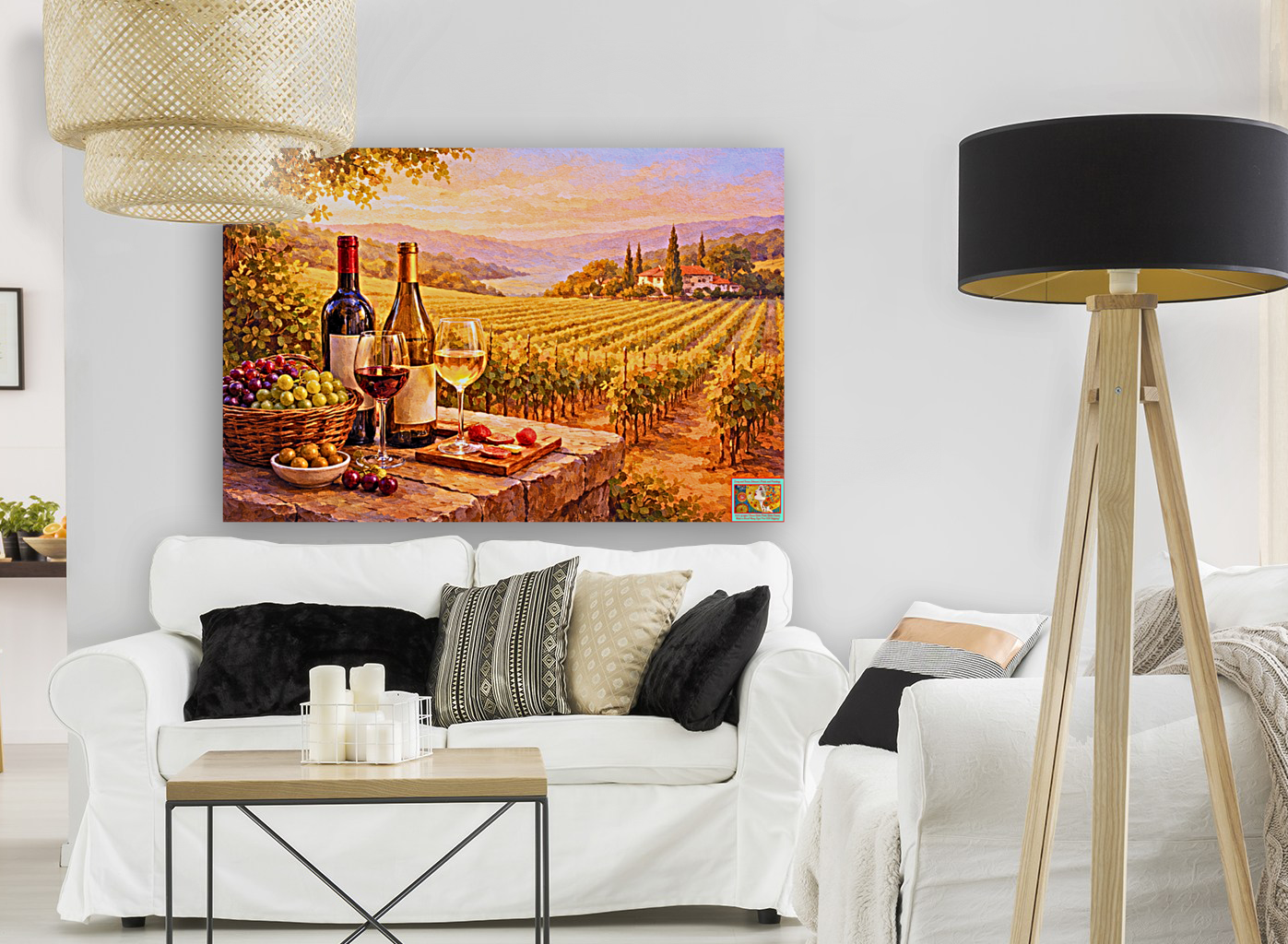 Golden Harvest Vineyard Terrace | Wine Country Sunset Landscape | Impressionist Vineyard Wall Art | Canvas Print | Giclée Paper | Wood & Metal Panels