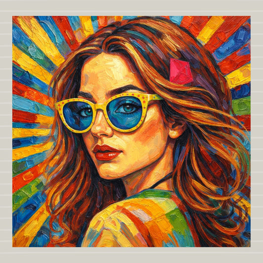 Golden Hour Glamour, Colorful Woman Portrait Wall Art, Fashion Sunglasses Art Print, Modern Feminine Decor, Bold Female Artwork, Glam Wall Decor. Giclee Paper- Wood- Metal- Canvas