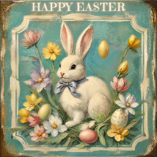 Happy Easter Bunny Art| Vintage Style Midcentury Flower Design| Giclee Paper- Wood- Metal- Canvas