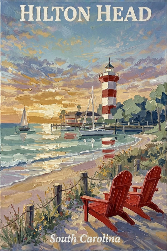 Hilton Head Sunset at Harbour Town Lighthouse | Ocean Beach Art| Travel Poster| Giclee Paper- Wood- Metal- Canvas