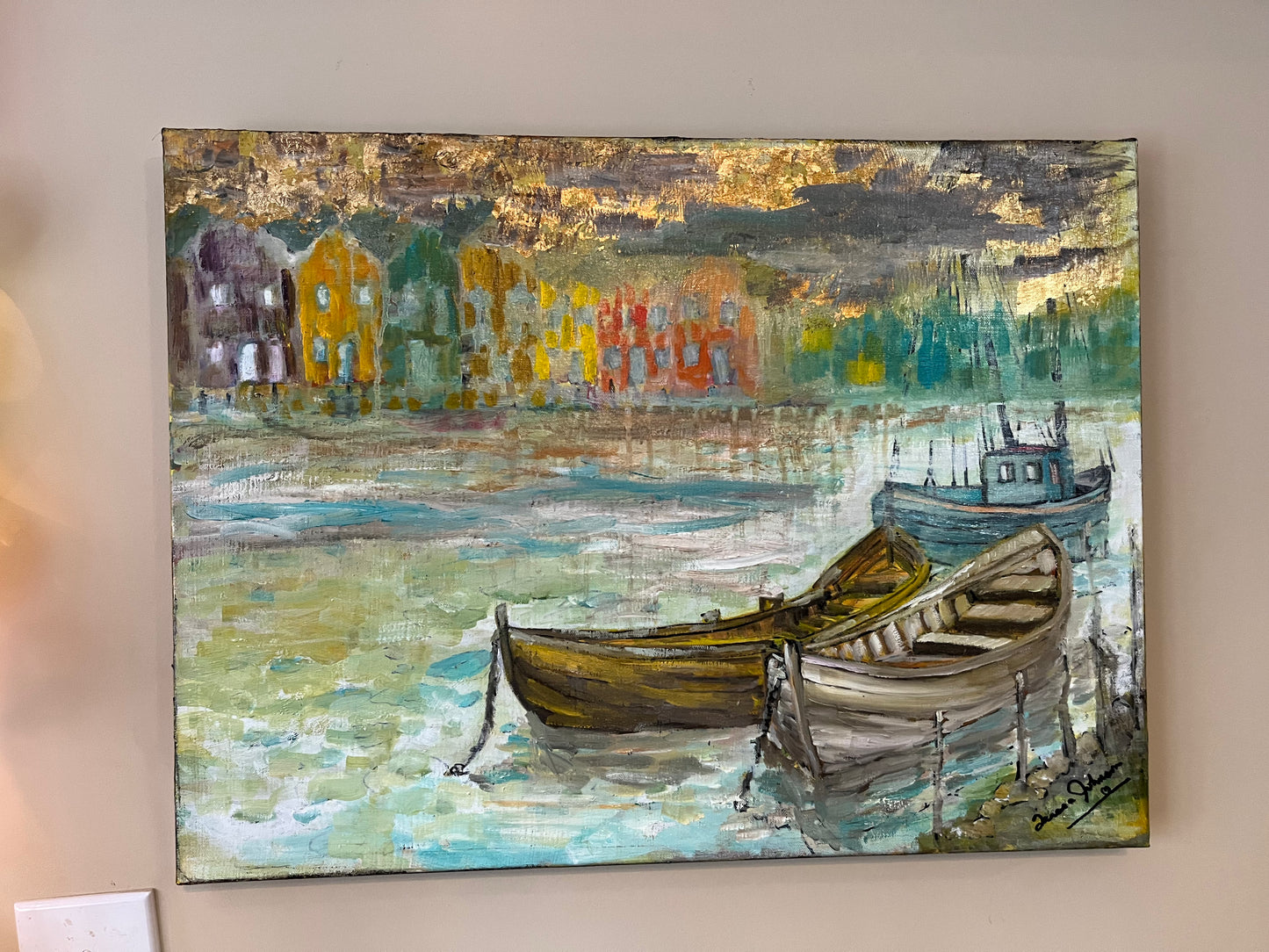 Rainy Harbor Acrylic Fishing boat Impressionist Wall Art | Original Coastal Acrylic Painting| Rainy Harbor (8x10x .5-inch) | Teresa Johnson