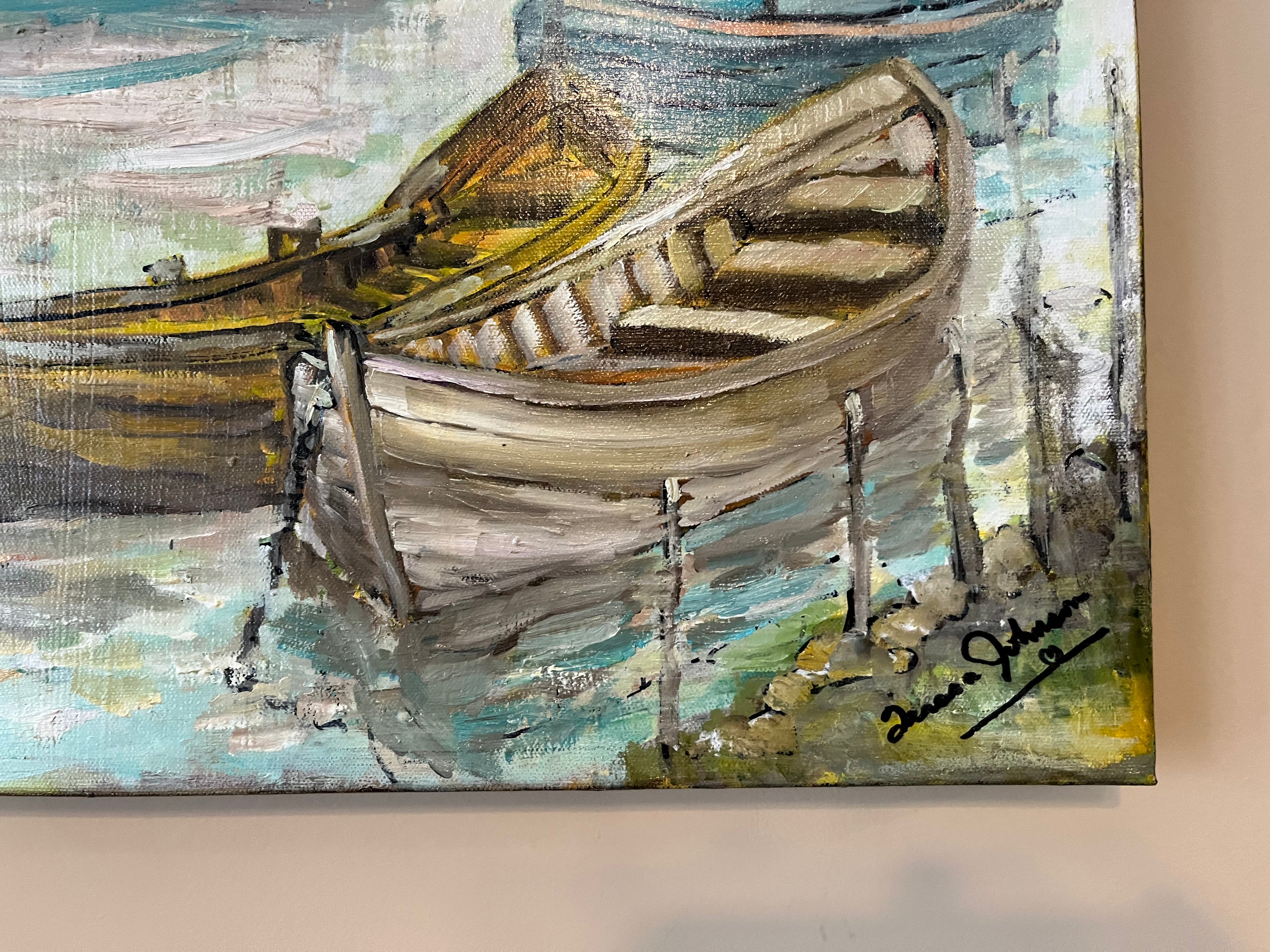 Rainy Harbor Acrylic Fishing boat Impressionist Wall Art | Original Coastal Acrylic Painting| Rainy Harbor (8x10x .5-inch) | Teresa Johnson