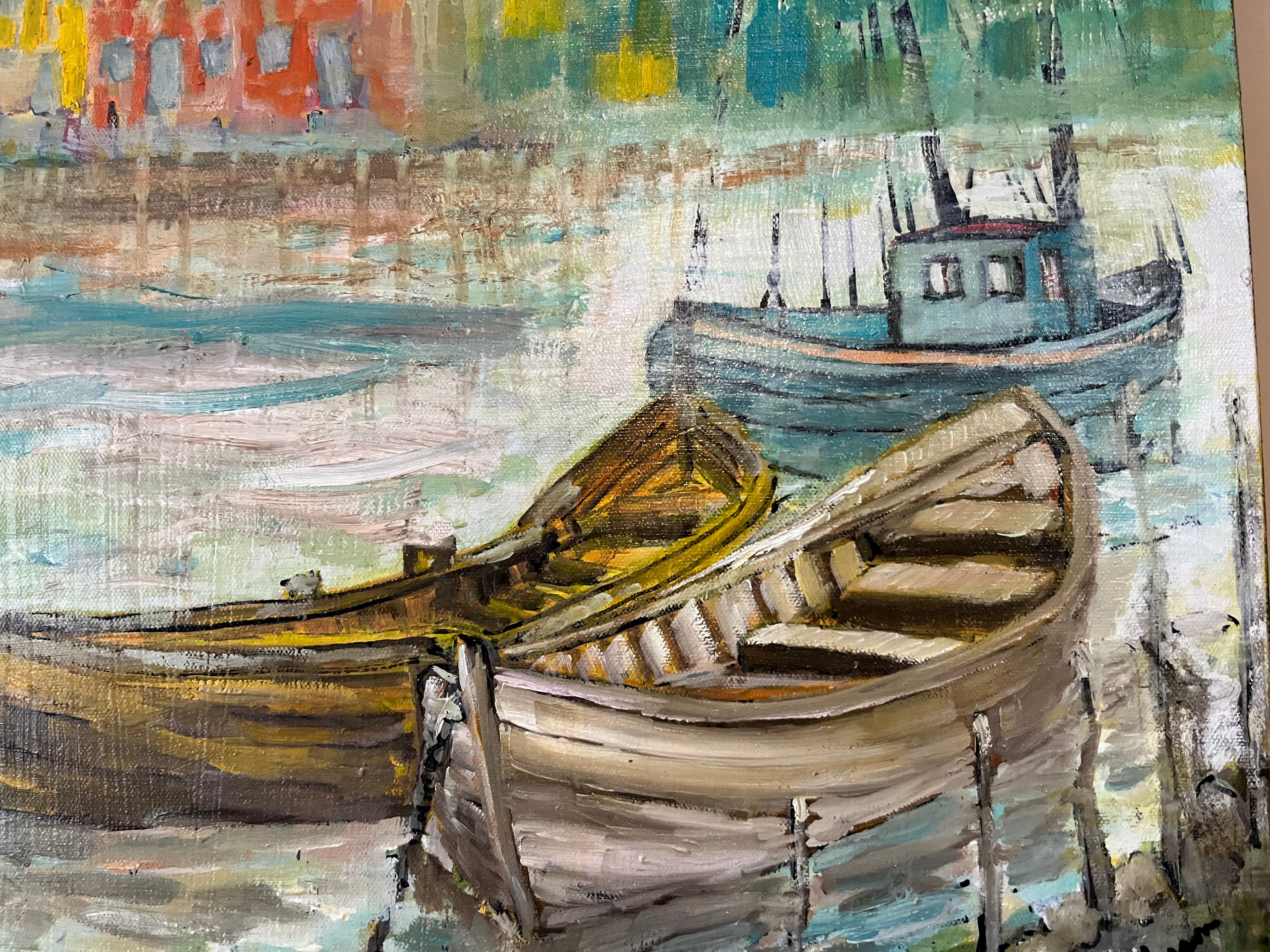 Rainy Harbor Acrylic Fishing boat Impressionist Wall Art | Original Coastal Acrylic Painting| Rainy Harbor (8x10x .5-inch) | Teresa Johnson