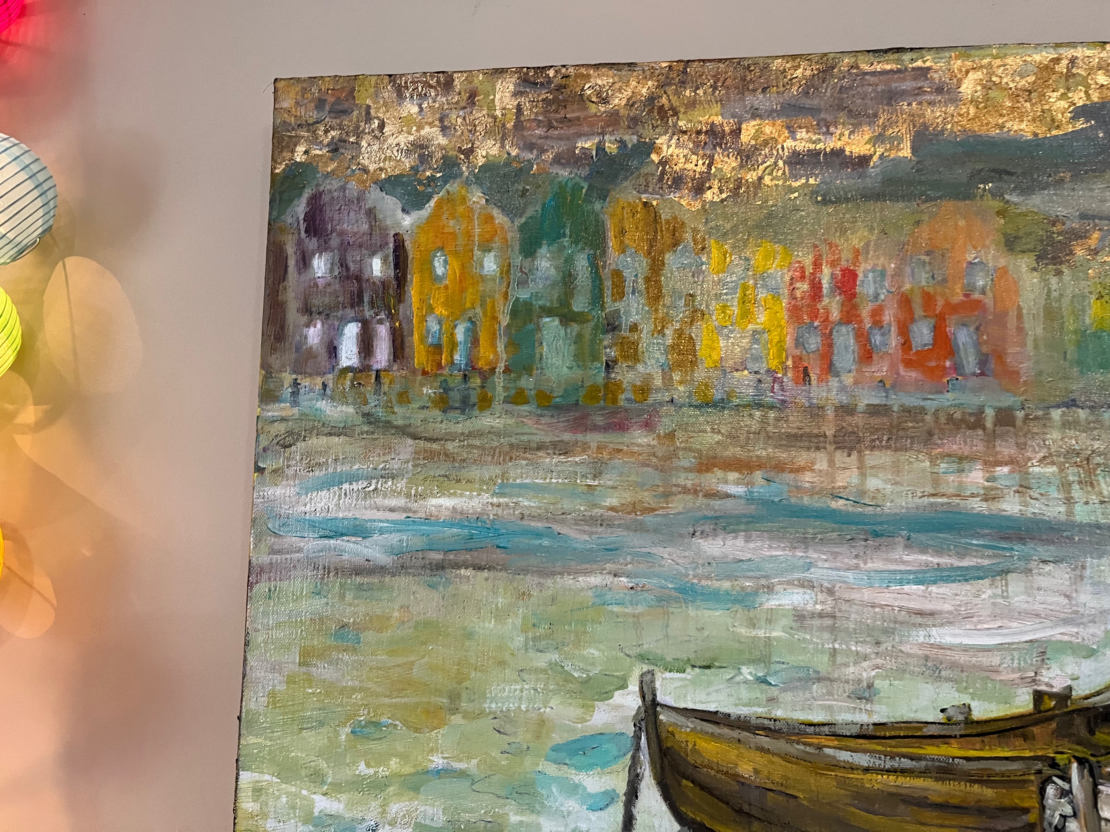 Rainy Harbor Acrylic Fishing boat Impressionist Wall Art | Original Coastal Acrylic Painting| Rainy Harbor (8x10x .5-inch) | Teresa Johnson