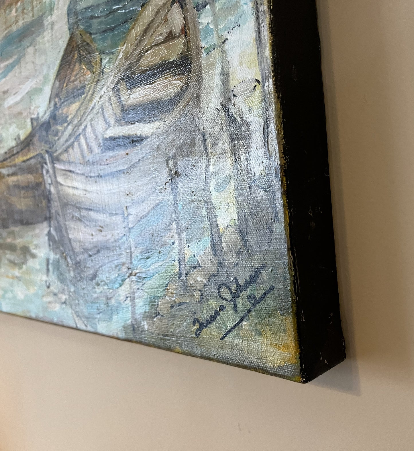 Rainy Harbor Acrylic Fishing boat Impressionist Wall Art | Original Coastal Acrylic Painting| Rainy Harbor (8x10x .5-inch) | Teresa Johnson