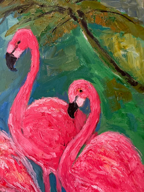 Pink Flamingo Paradise  40 x 60 inches | Original Oil Painting on Gallery-Wrapped Canvas