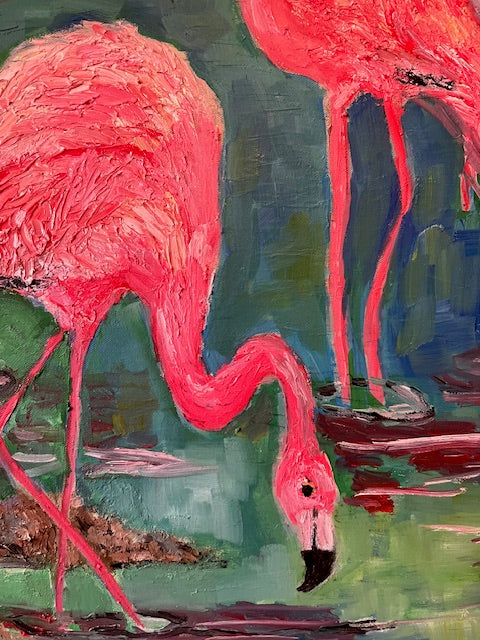 Pink Flamingo Paradise  40 x 60 inches | Original Oil Painting on Gallery-Wrapped Canvas