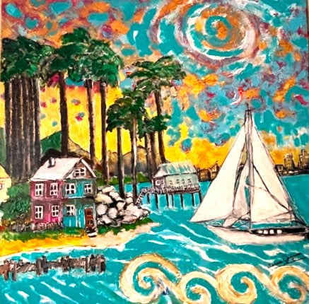 Tropical Island Art |Original Acrylic Painting| Island Days (24x24x1,5-inch)| Textured Impressionist Wall Art | Teresa Johnson
