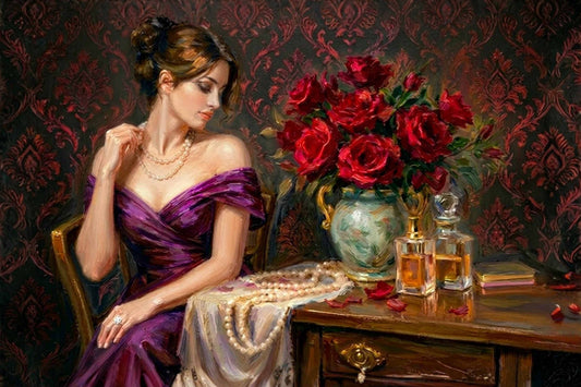 Lady of the Crimson Roses | Elegant Woman Portrait | Vintage Victorian Wall Art | Romantic Floral Giclée Print | Elegant Woman with Roses | Vintage Portrait Wall Art | Romantic Victorian Decor | Giclée Print on Paper, Canvas, Wood & Metal