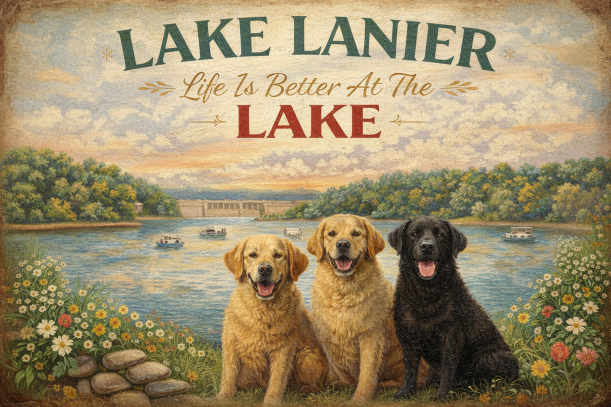 Lake Lanier Sunset with Happy Pups| Buford Dam| Chattahoochee Rivers Art| Giclee Paper- Wood Sign- Metal Sign- Canvas
