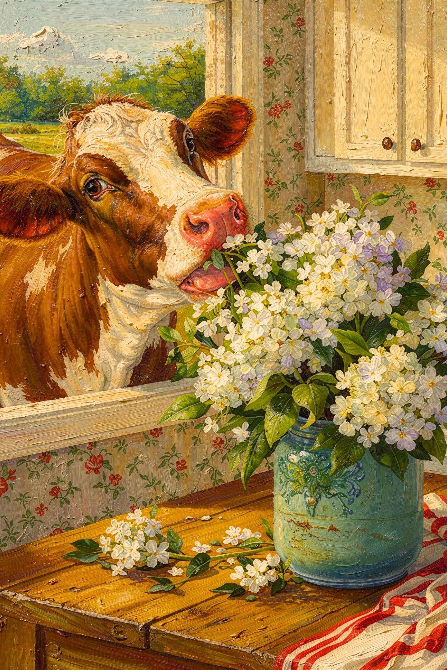 Mabel Cow Eating Lunch, Farmhouse Animal Art, Giclee Paper- Wood- Metal- Canvas