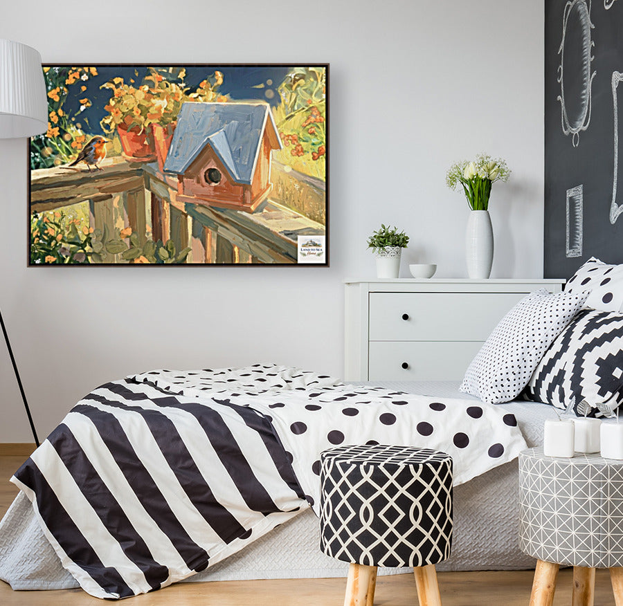 Deck Life | Charming Birdhouse Prints | Songbird Garden Art | Impressionist Cottage Garden Painting | Giclee on Paper. Wood, Metal Panels
