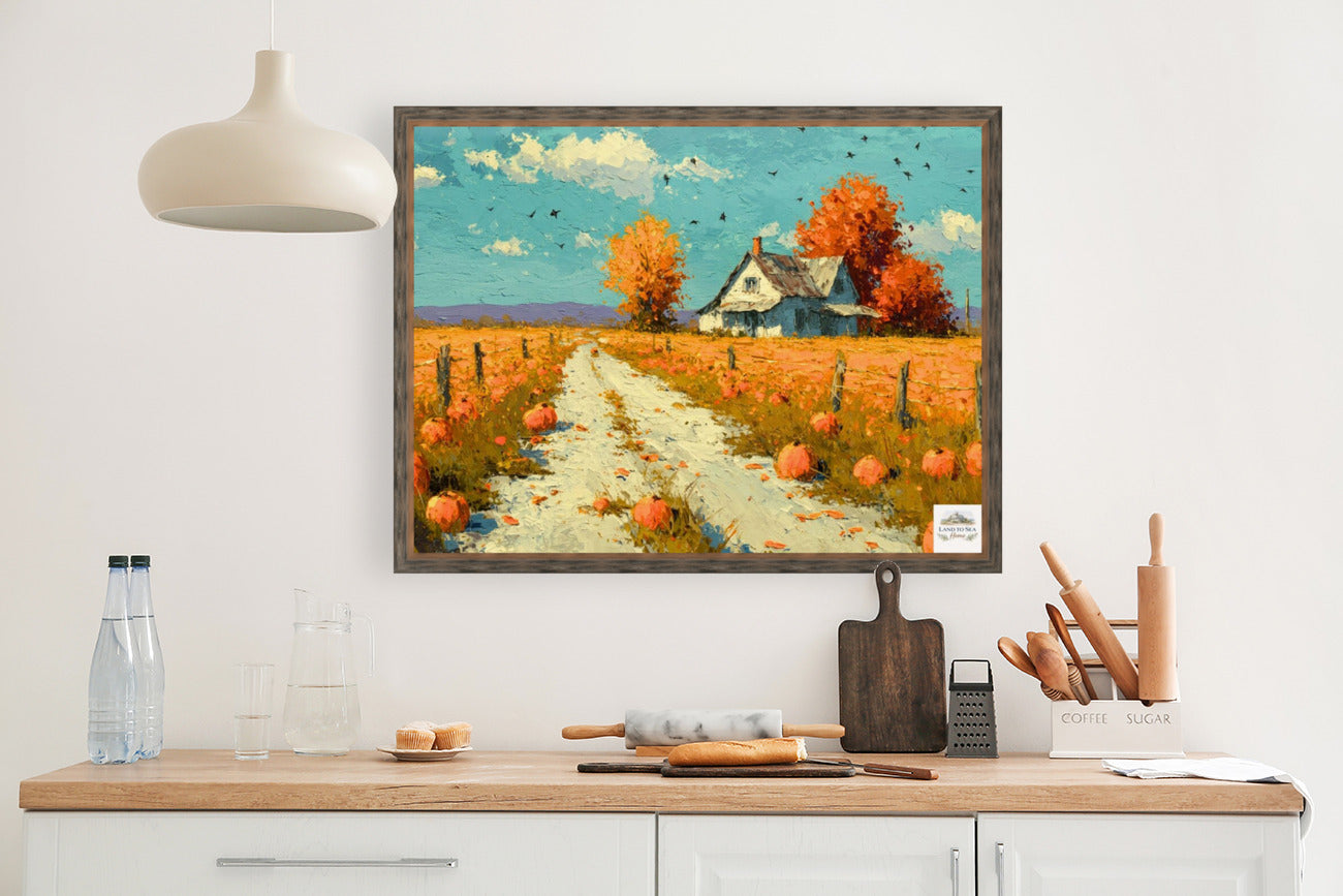 Autumn Farm Road | Fall Farmhouse Landscape Art | Pumpkin Patch Decor | Giclee Paper • Wood • Metal • Canvas
