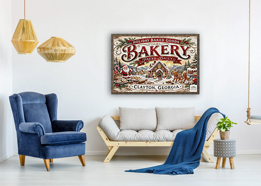 Christmas Bakery Clayton Georgia Vintage Style Sign- Art Giclee Paper- Wood- Metal- Canvas