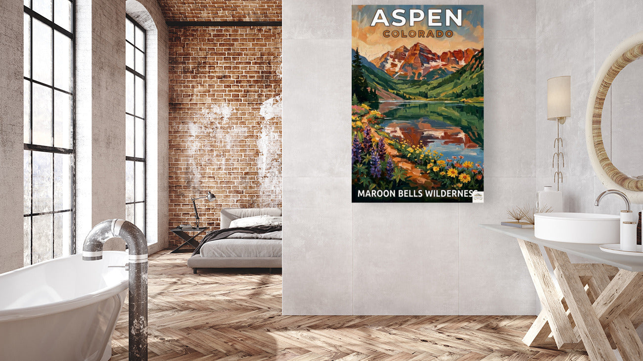Aspen Colorado – Maroon Bells Wilderness | Mountain Lake Travel Poster | Impressionist Rocky Mountain Wall Print| Giclée Canvas, Metal, Wood & Paper Print