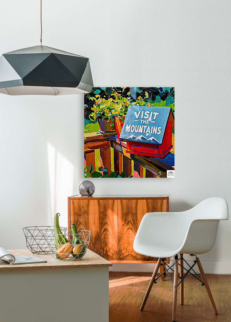 Visit the Mountains Birdhouse | Colorful Mountain Cabin Garden Art | Whimsical Impressionist Birdhouse Painting | Cottage & Cabin Wall Decor