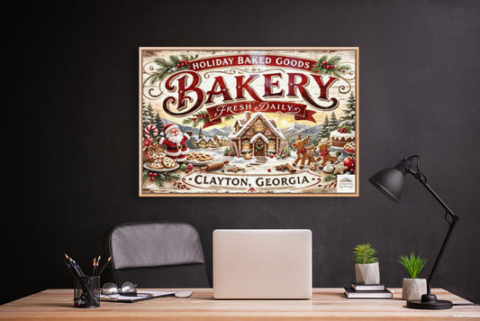 Christmas Bakery Clayton Georgia Vintage Style Sign- Art Giclee Paper- Wood- Metal- Canvas