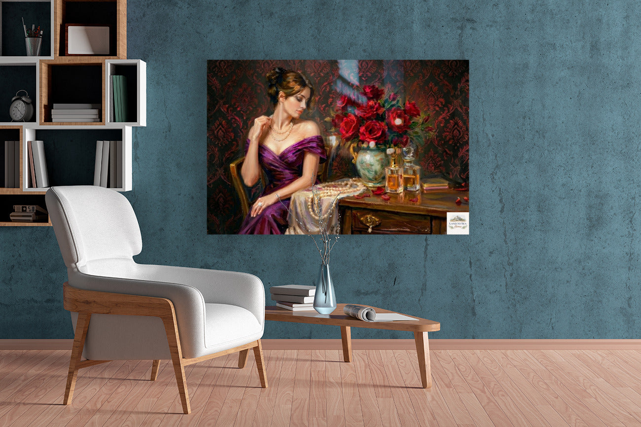 Lady of the Crimson Roses | Elegant Woman Portrait | Vintage Victorian Wall Art | Romantic Floral Giclée Print | Elegant Woman with Roses | Vintage Portrait Wall Art | Romantic Victorian Decor | Giclée Print on Paper, Canvas, Wood & Metal