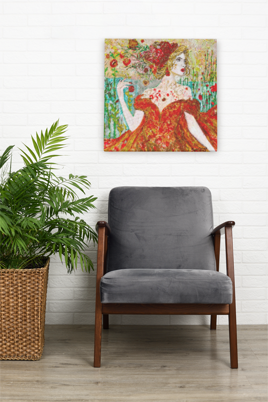 The “Queen of Autumn: Lady Sylvara" 24"x 24" x 1.5" Acrylic textured and varnished painting.