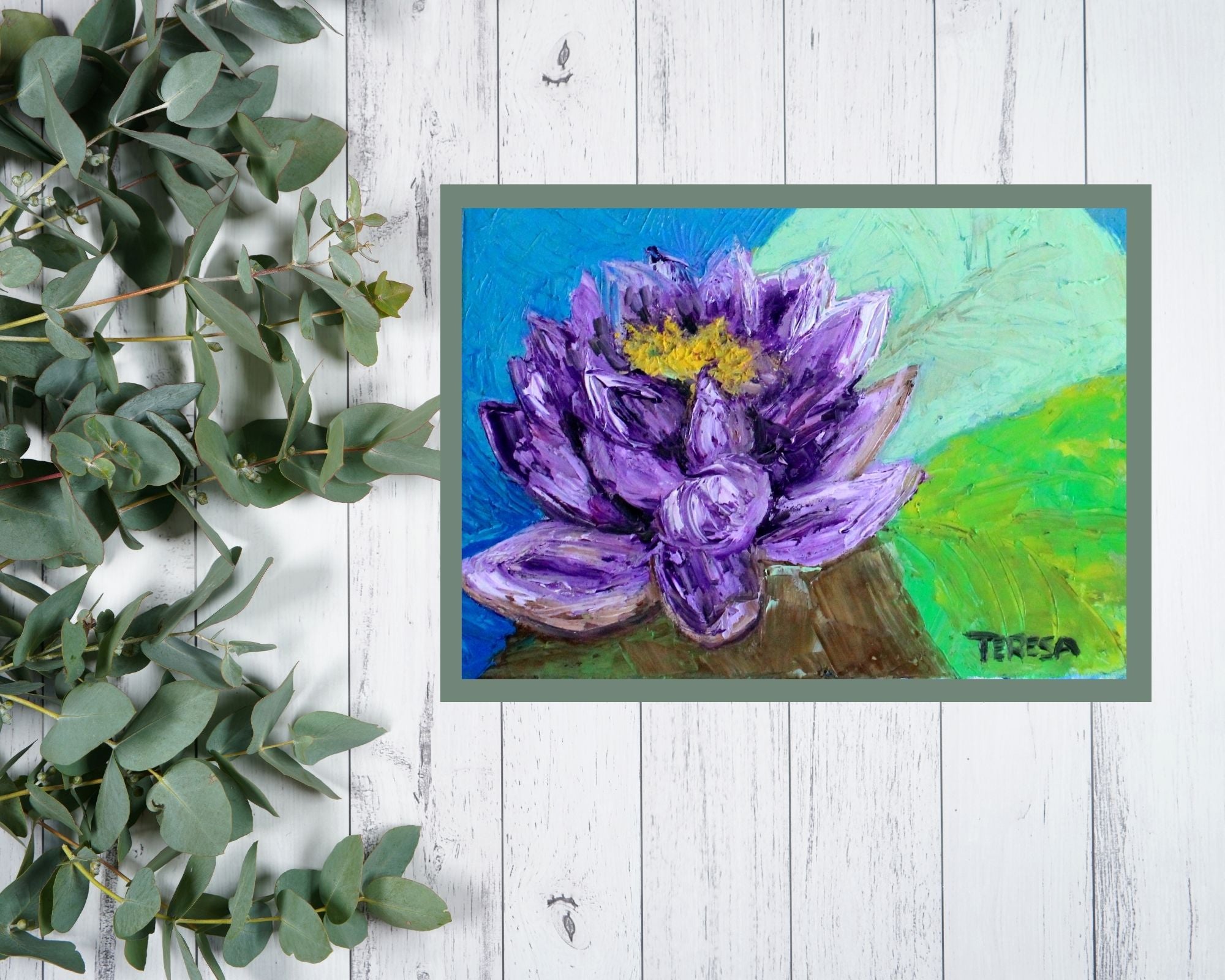 Purple Beauty. Lovely Water Lily in Rich Purple Tones Textured Impressionist Wall Art | Original Acrylic Painting| Purple Beauty. Lovely Water Lily (8x10x .5-inch) | Teresa Johnson