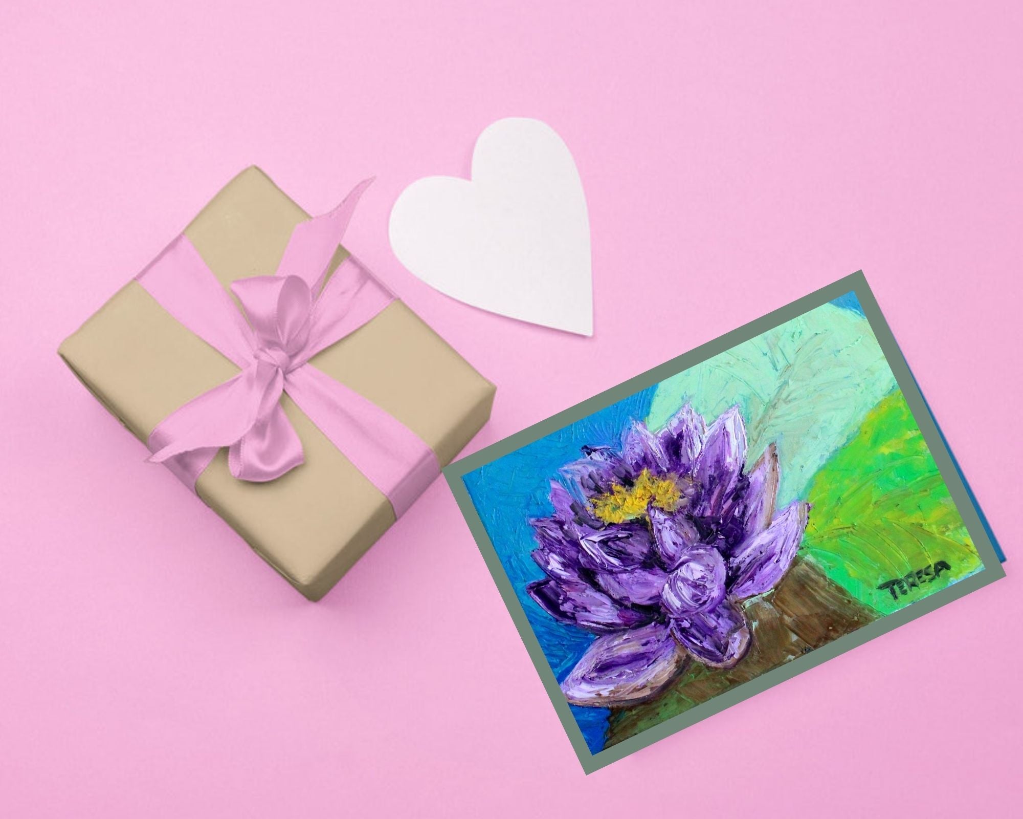 Purple Beauty. Lovely Water Lily in Rich Purple Tones Textured Impressionist Wall Art | Original Acrylic Painting| Purple Beauty. Lovely Water Lily (8x10x .5-inch) | Teresa Johnson