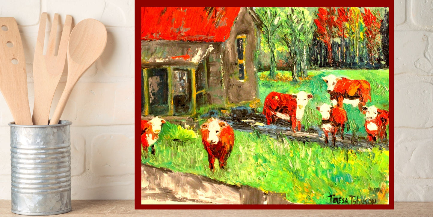 Cows In the Puddles- 20x16x.5-inch-Animal-Textured Oil Painting of Cows standing by an old Farmhouse.