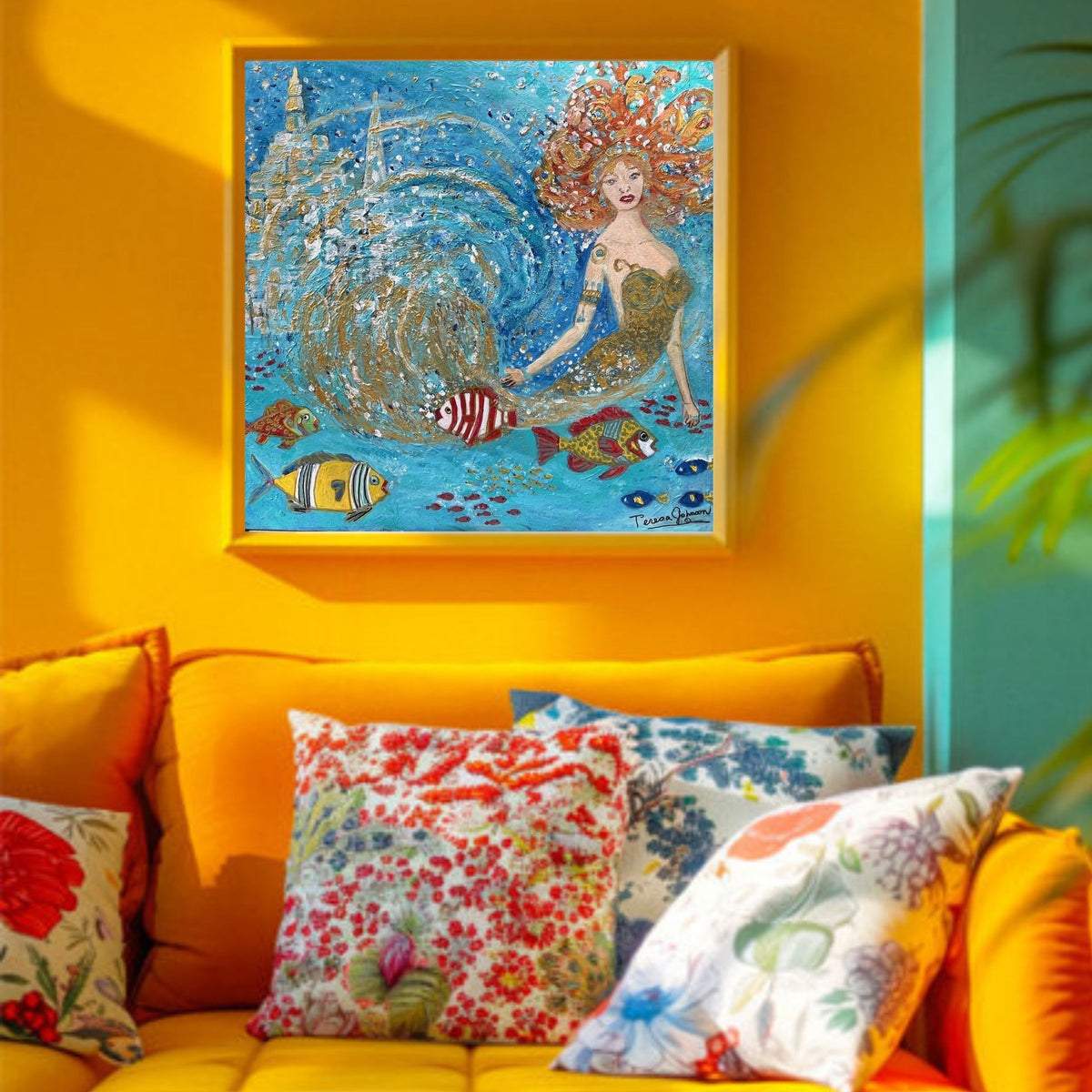 Nautica mermaid art – Original Acrylic Painting| (24x12x 1.5-inch) Textured Impressionist Wall Art | Teresa Johnson
