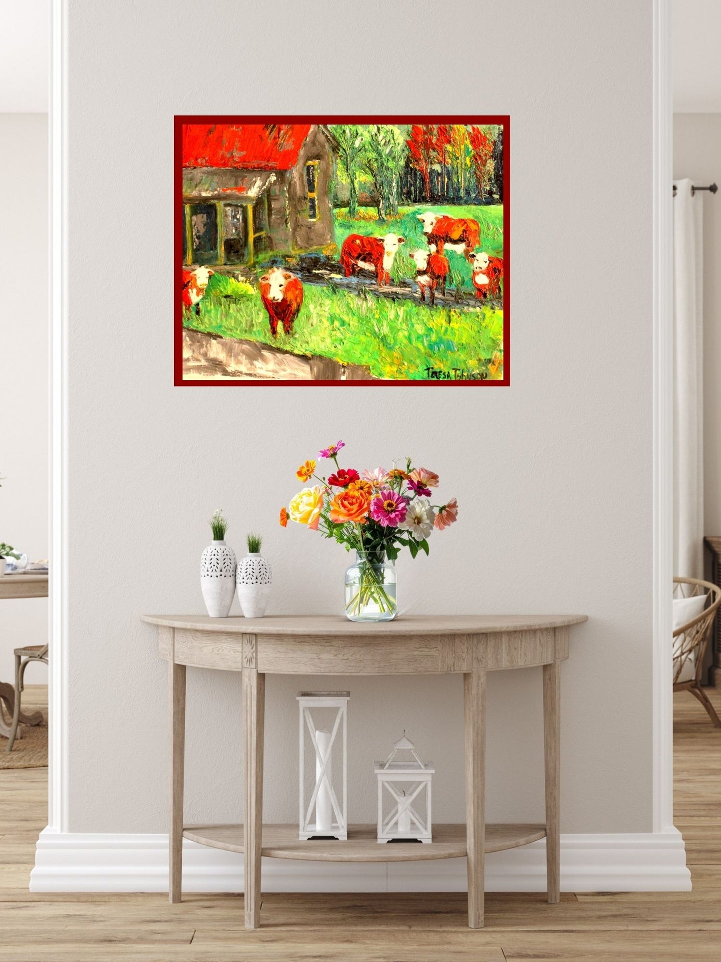 Cows In the Puddles- 20x16x.5-inch-Animal-Textured Oil Painting of Cows standing by an old Farmhouse.