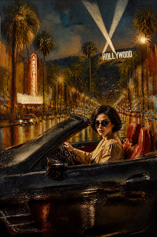 Mysterious Woman in Sports Car, Hollywood Art, Giclee Paper- Wood- Metal- Canvas