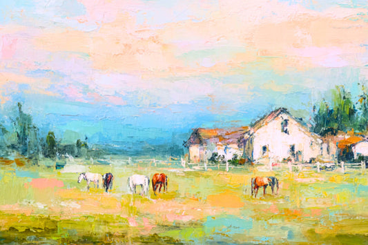 Spring Morning Stables – Pastel Impressionist Horse Farm Print, Equestrian Wall Art, Giclée on Canvas, Wood, Metal & Fine Art Paper