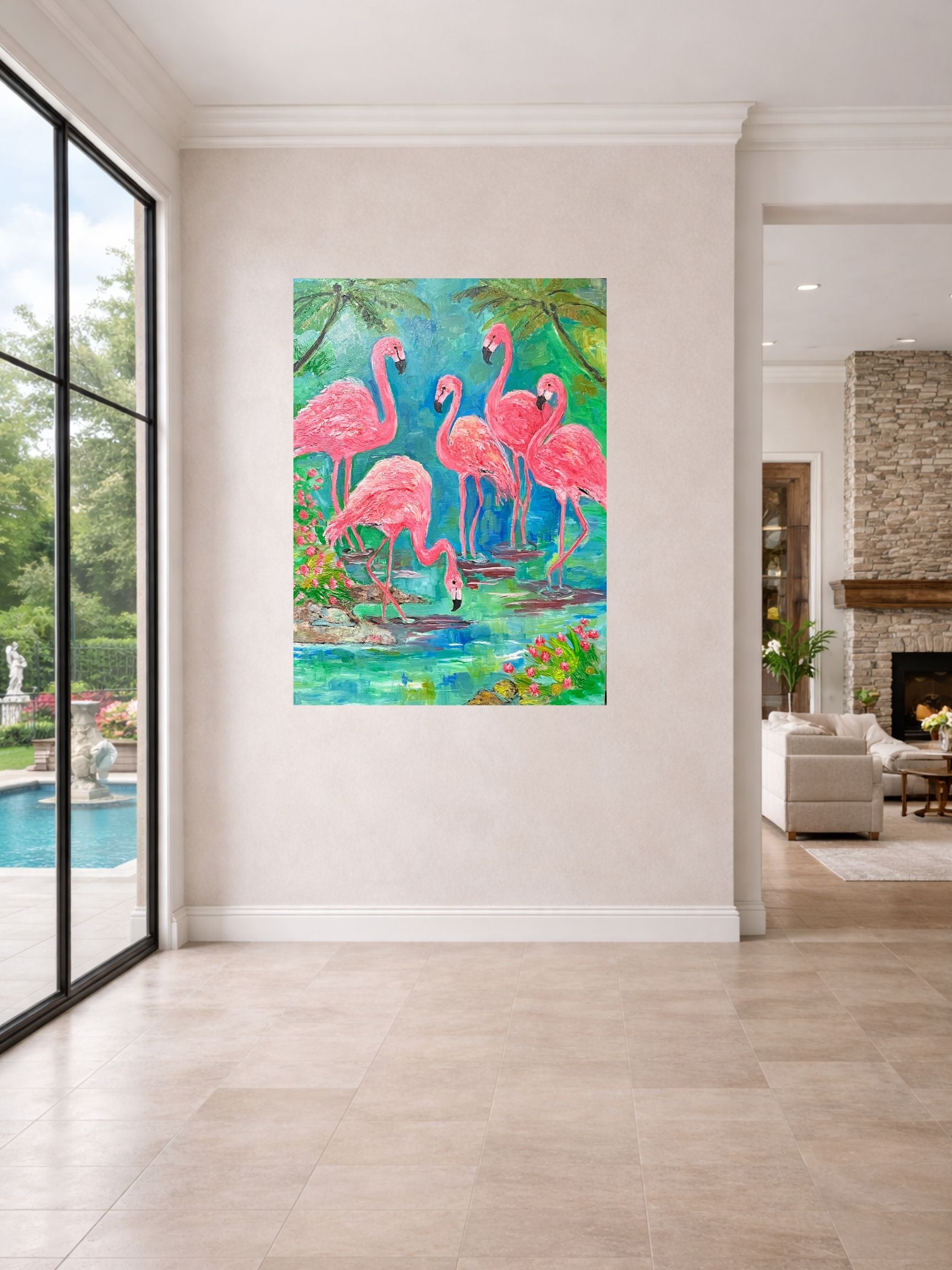 Pink Flamingo Paradise  40 x 60 inches | Original Oil Painting on Gallery-Wrapped Canvas