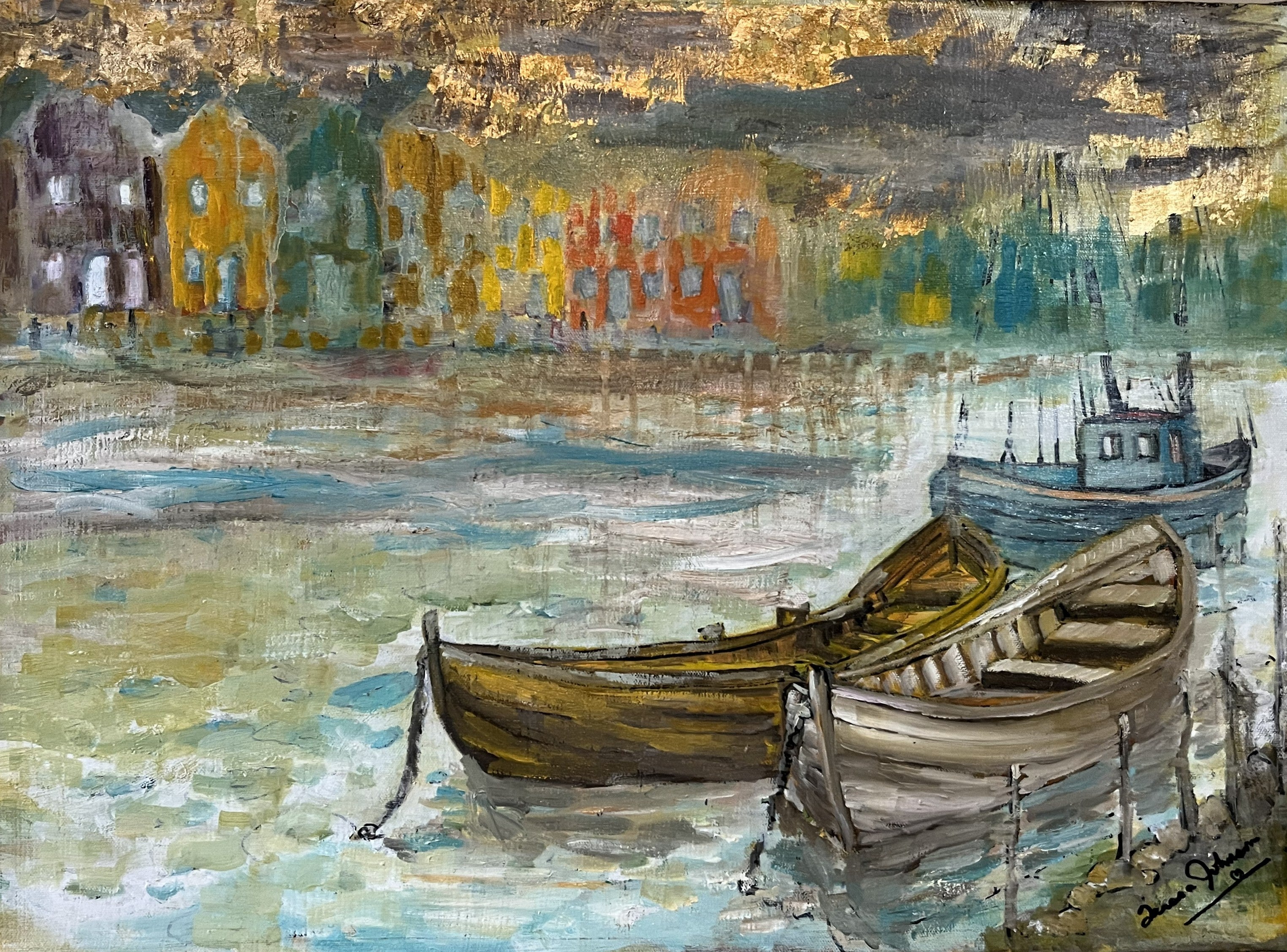 Rainy Harbor Acrylic Fishing boat Impressionist Wall Art | Original Coastal Acrylic Painting| Rainy Harbor (8x10x .5-inch) | Teresa Johnson