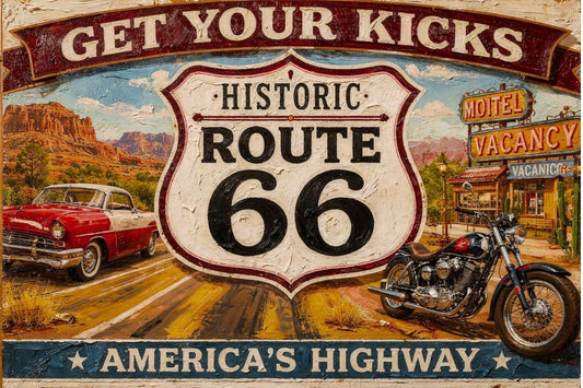 Historical Route 66 Vintage Sign| Prints, Canvas, Wood, or Metal Art