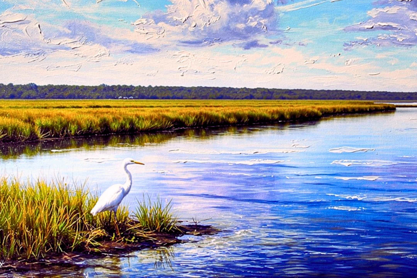 Sarasota Waters With White Heron | Coastal Shores Art | Florida River | Life in Tropical Area| Stream Art | Giclee Paper- Wood- Metal- Canvas