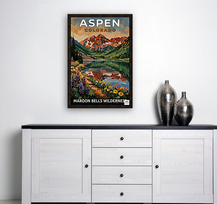 Aspen Colorado – Maroon Bells Wilderness | Mountain Lake Travel Poster | Impressionist Rocky Mountain Wall Print| Giclée Canvas, Metal, Wood & Paper Print