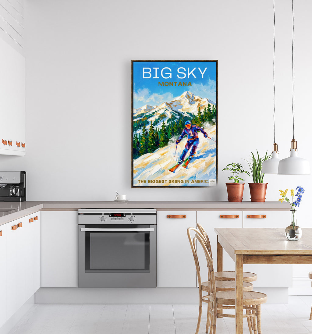 Big Sky Montana | Snow Print| The Biggest Skiing in America Travel Poster | Mountain Ski Resort| Giclée Print on Paper, Canvas, Wood, Metal