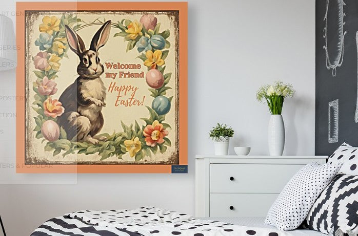 Vintage Welcome My Friend Easter Bunny- Art Print and Canvases