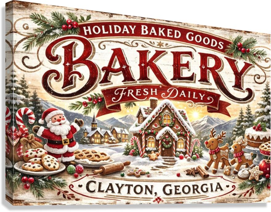 Christmas Bakery Clayton Georgia Vintage Style Sign- Art Giclee Paper- Wood- Metal- Canvas