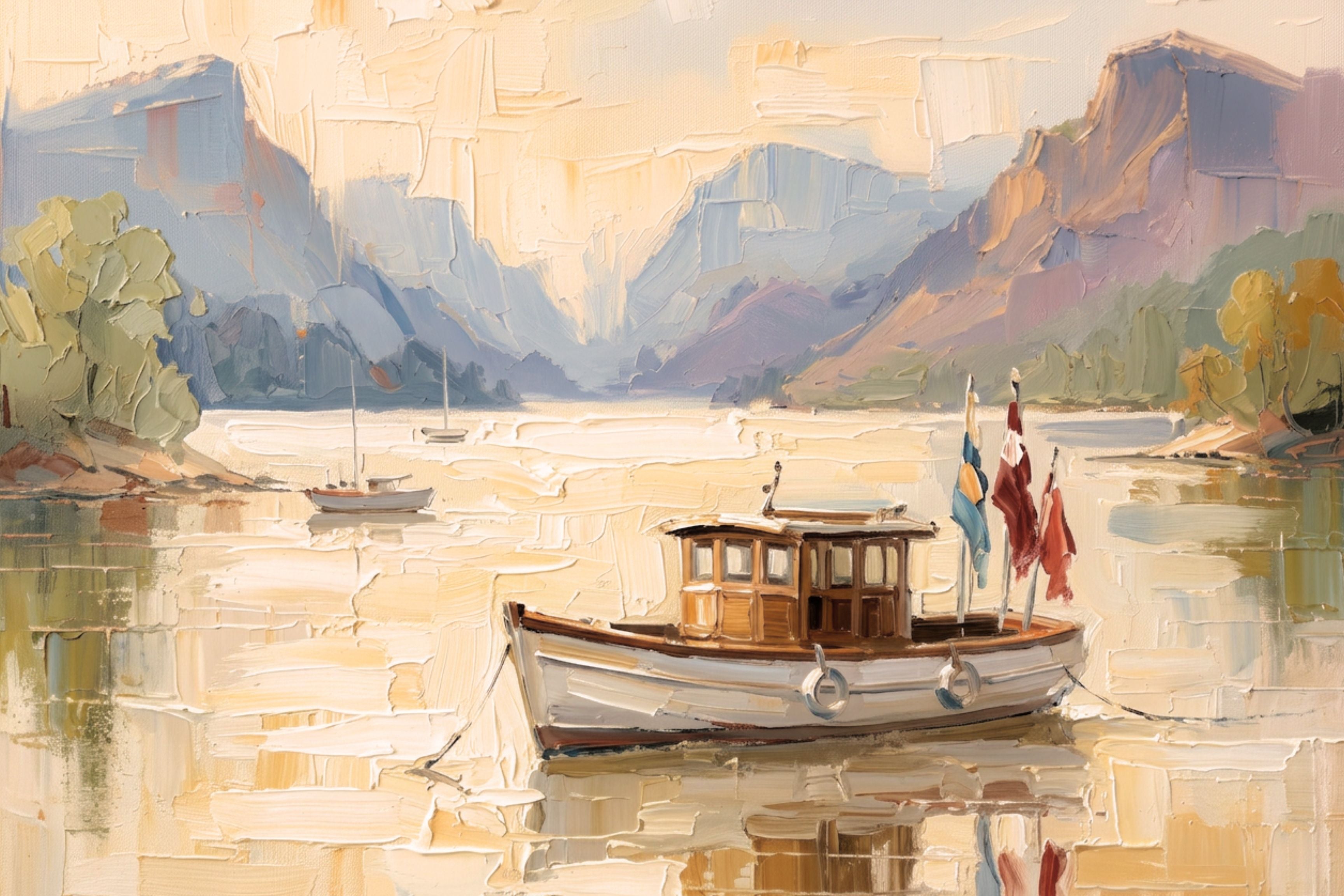 Silent Morning | Mountain Lake Boat Art Print | Impressionist Landscape | Coastal Cabin Decor | Giclée on Paper, Canvas, Wood & Metal
