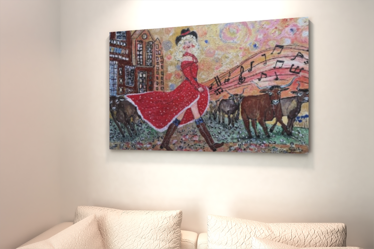 The “Singing Cowgirl" 36"x 24" x 1.5" Acrylic Textured and Varnished painting.