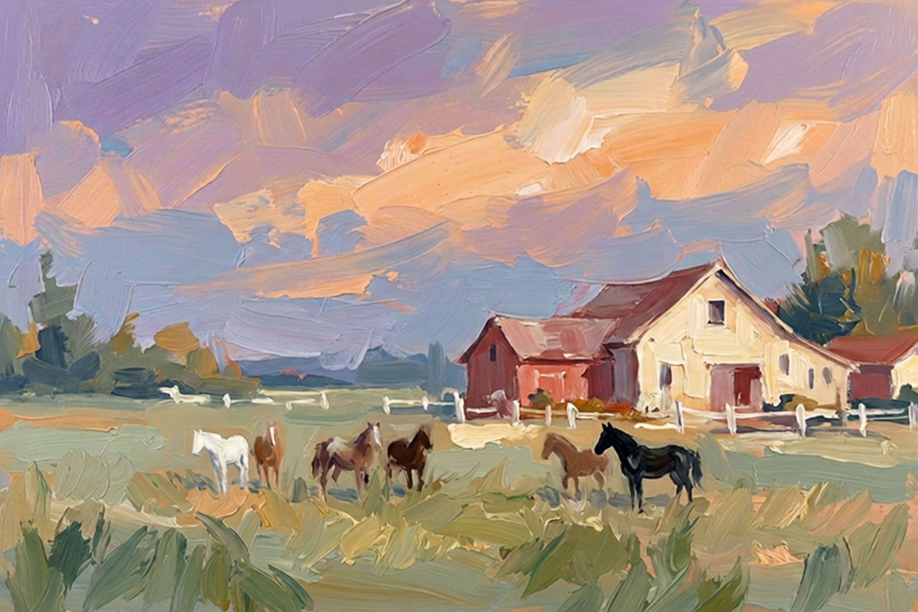 Spring Morning Stables |Pastel Impressionist Print| Horse Farm Print| Equestrian Wall Art| Giclée on Canvas, Wood, Metal, Fine Art Paper