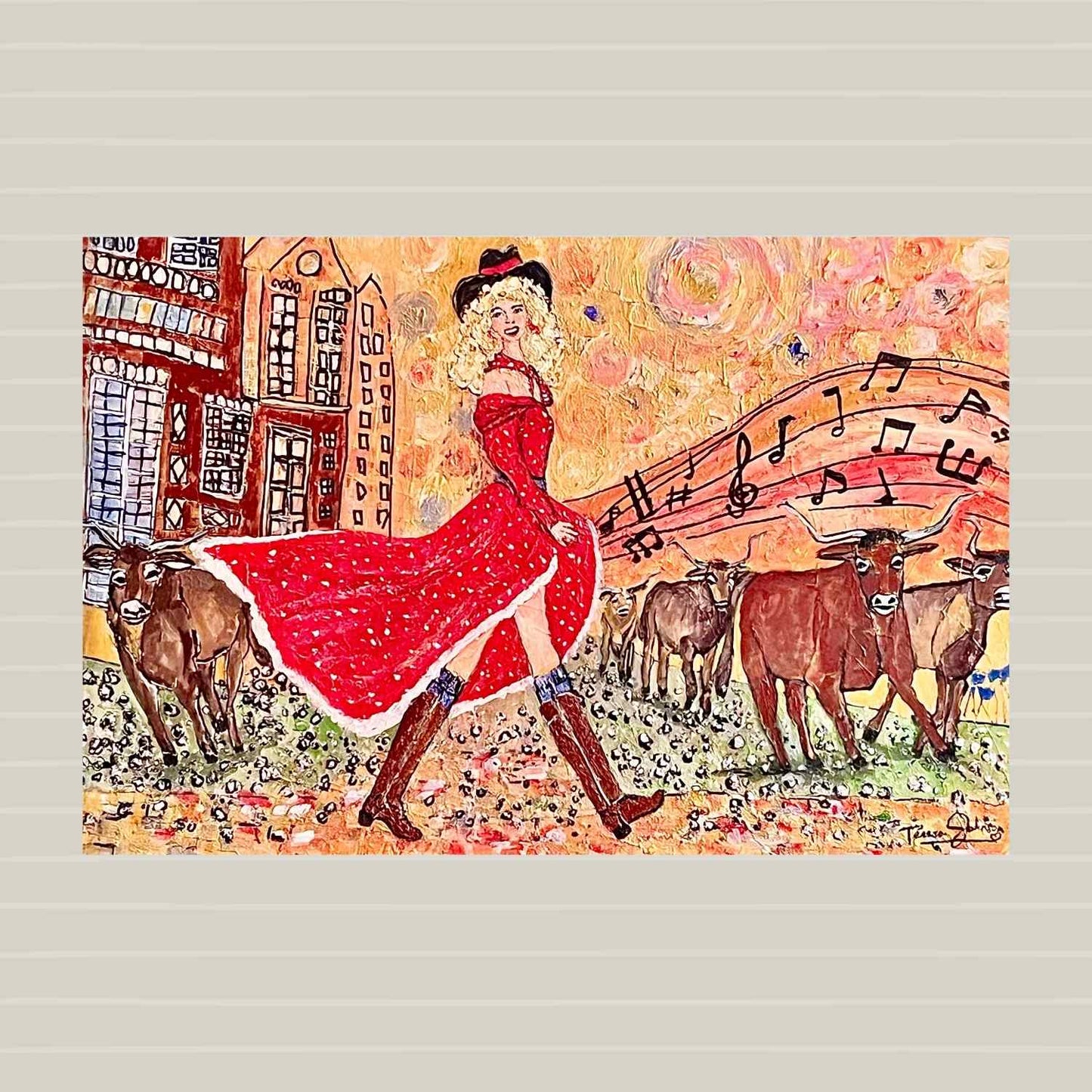 The Singing Cowgirl. Musical Art Giclee Paper- Wood- Metal- Canvas