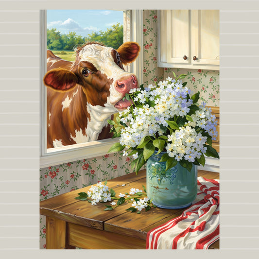 Mabel Cow Eating Lunch, Farmhouse Animal Art, Giclee Paper- Wood- Metal- Canvas