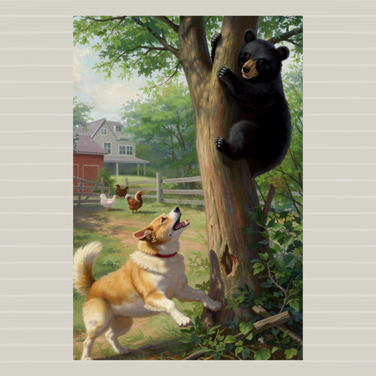Farm Dog Chases Black Baby Bear Up Tree| Farmhouse Farm Animal Art- Giclee Paper- Wood