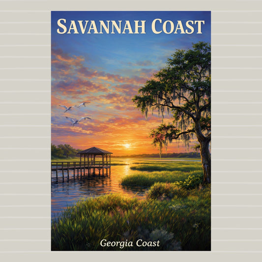 Savannah Coast At Sunset| Travel Poster| Georgia Lowlands Art| Giclee Paper- Wood- Metal- Canvas