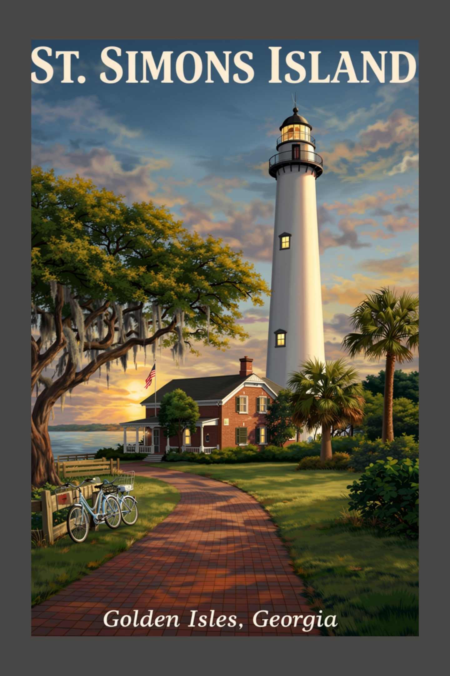 St. Simons Island Lighthouse Scene| Lighthouse Art| Travel Poster|  Giclee Paper- Wood- Metal- Canvas