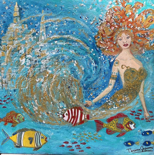Swirling Mermaid – 24" x 24" x 1" Acrylic Painting on Gallery Canvas